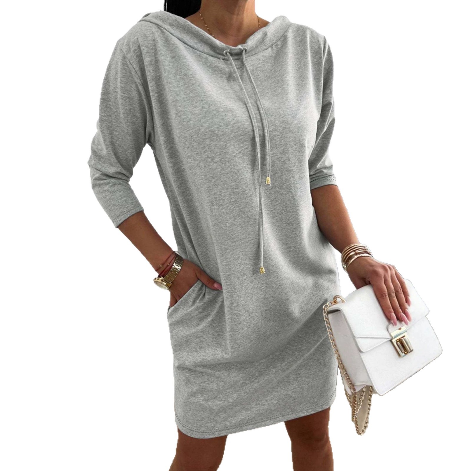 Women's Casual Hooded Sweatshirt Dress with Drawstring Stand Collar