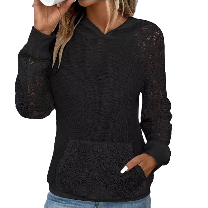 Women's Lace Waffle Knit Hooded Sweatshirt Casual Pullover