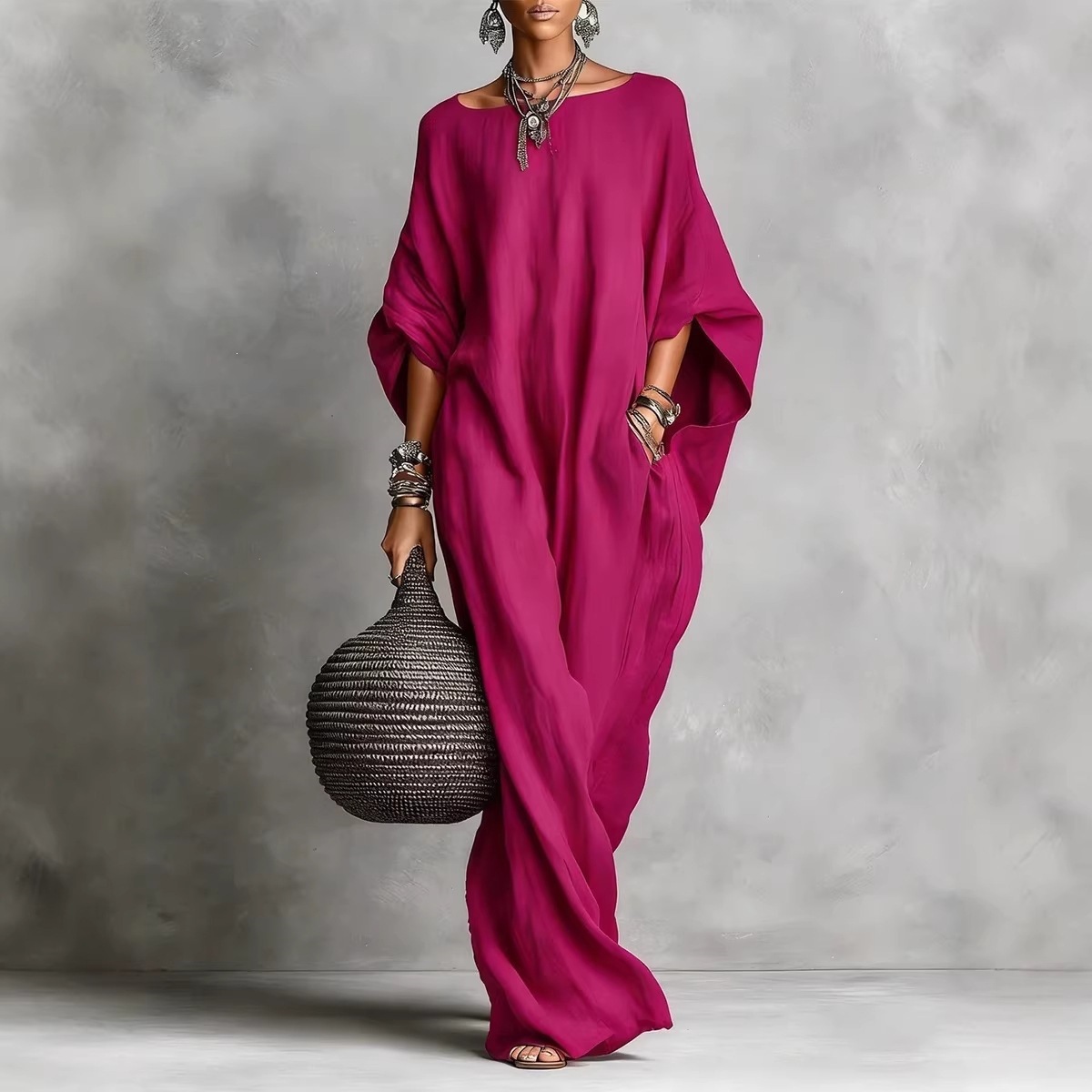 Women's Off-Shoulder Long Sleeve Solid Color Long Casual Dress