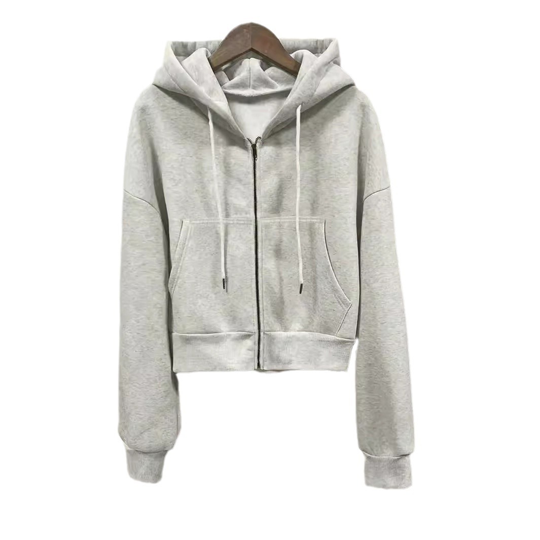 Drawstring Hooded Zip-Up Cropped Hoodie