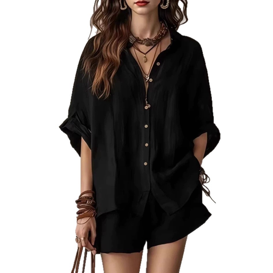 Women's Casual Two-Piece Set Loose Short Sleeve Collared Shirt and Shorts