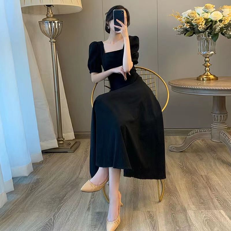 Black French Square-Neck A-Line Midi Dress with Cinched Waist