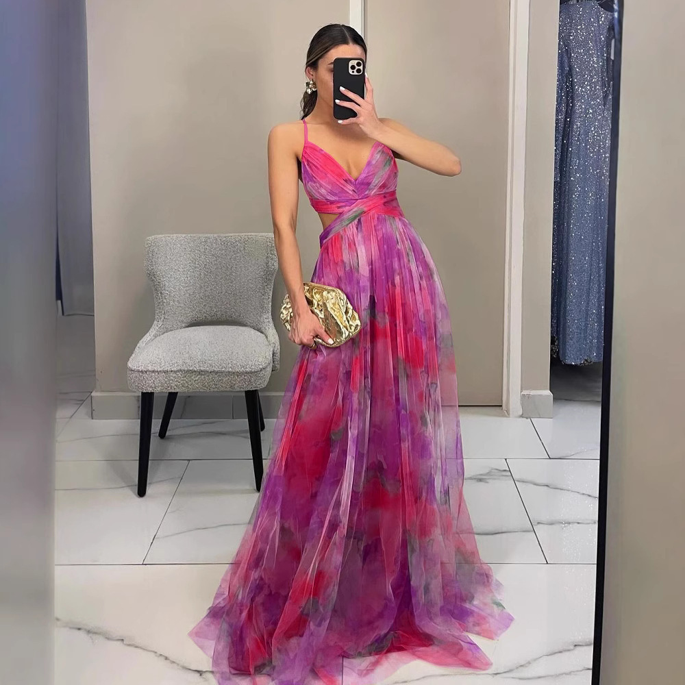 Women's Printed Mesh Cami Dress Sleeveless V-Neck Long Flowy Vacation Party Dress