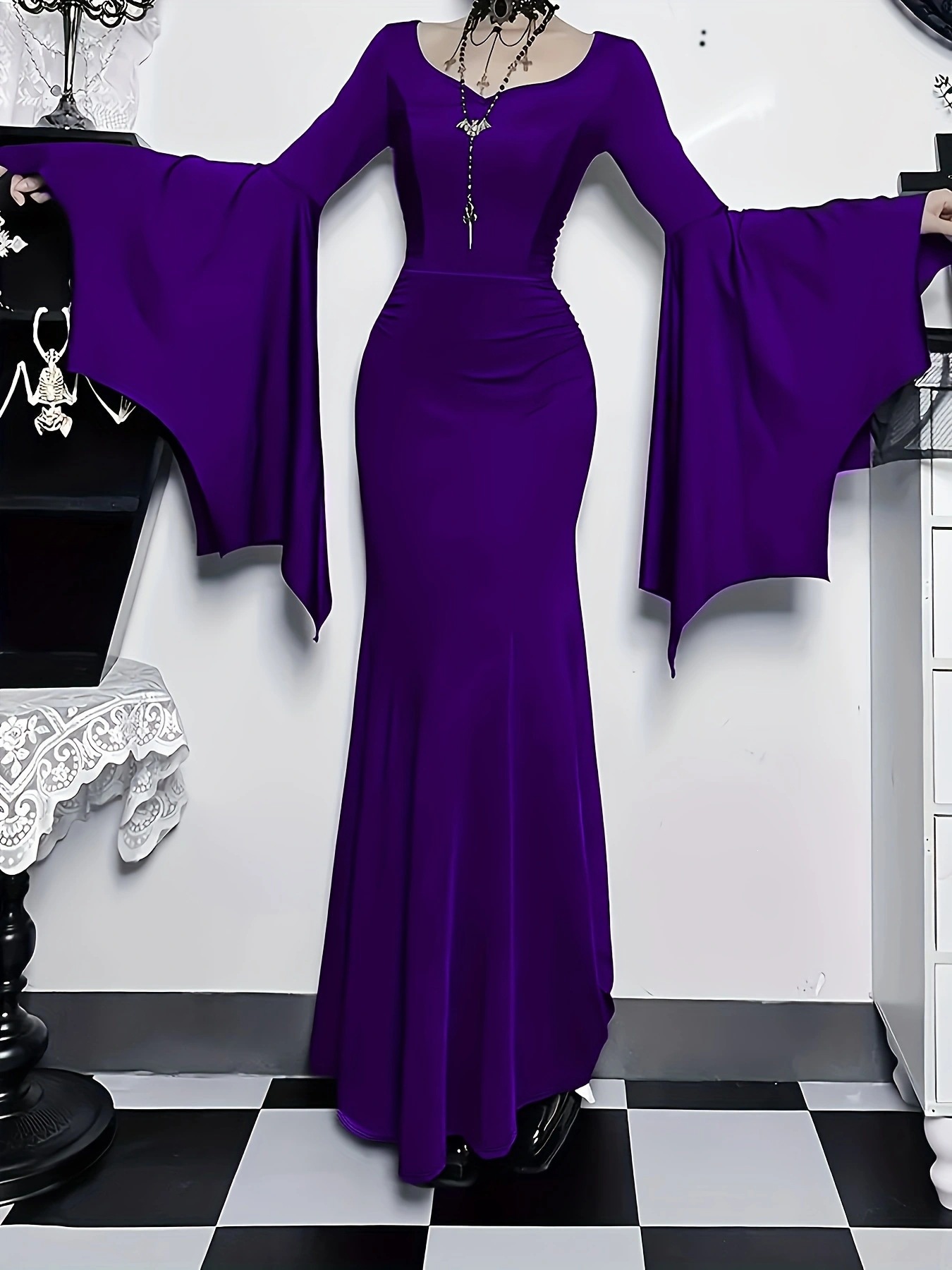 Gothic Bodycon Mermaid Dress with Batwing Sleeves