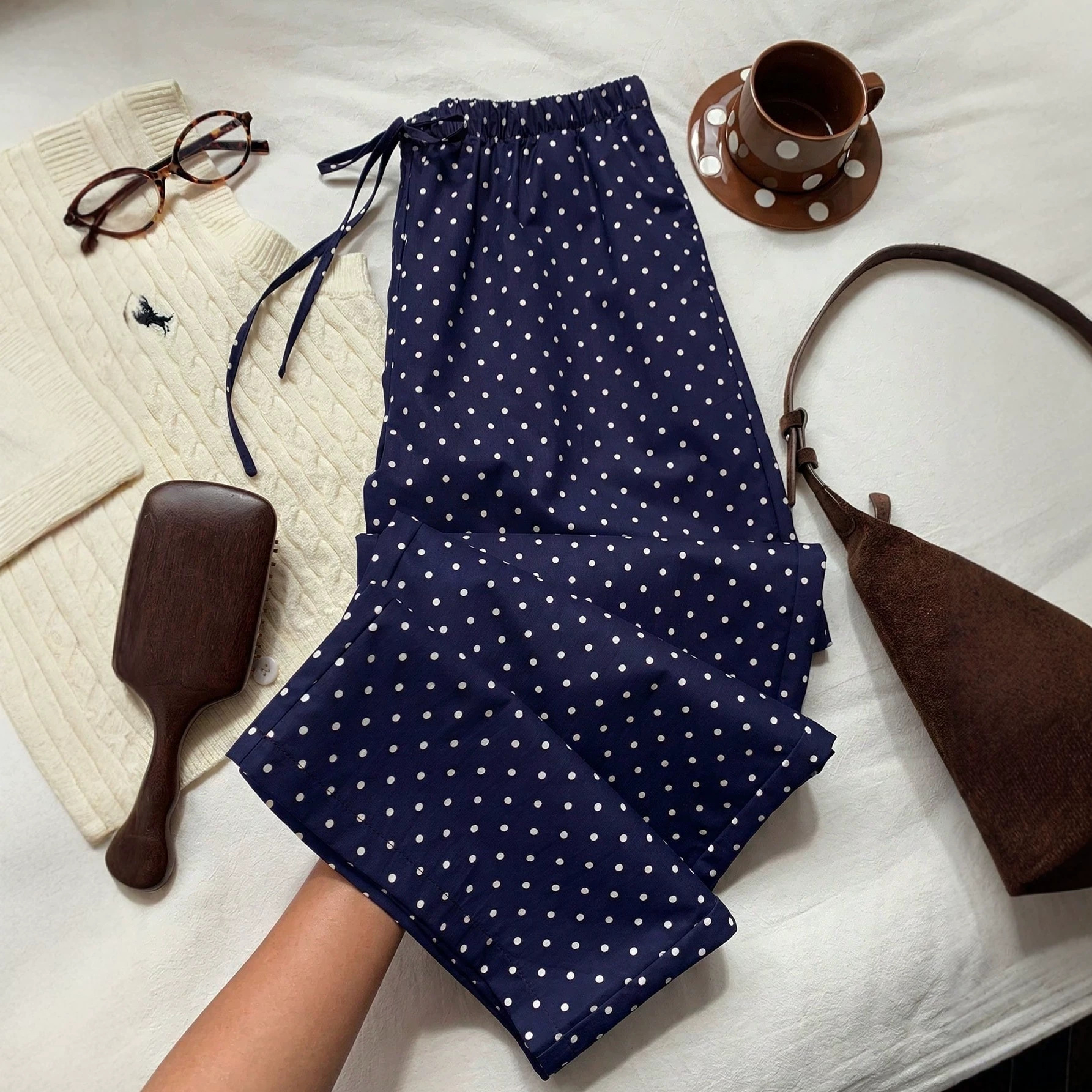 Women's Wide-Leg Polka Dot Print Elastic Waist Casual Straight Pants