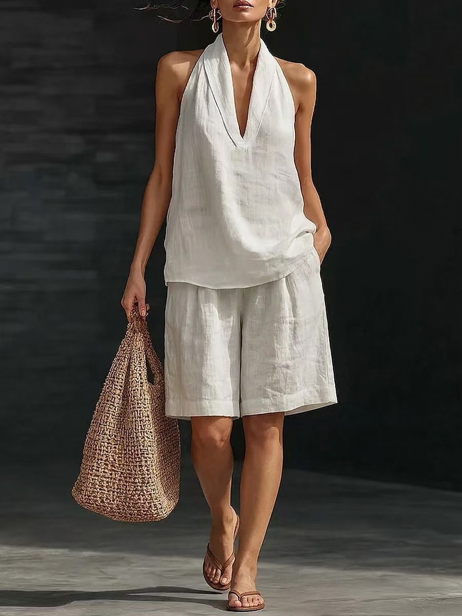 Women's Summer Halter Vest Set with Solid Color Print