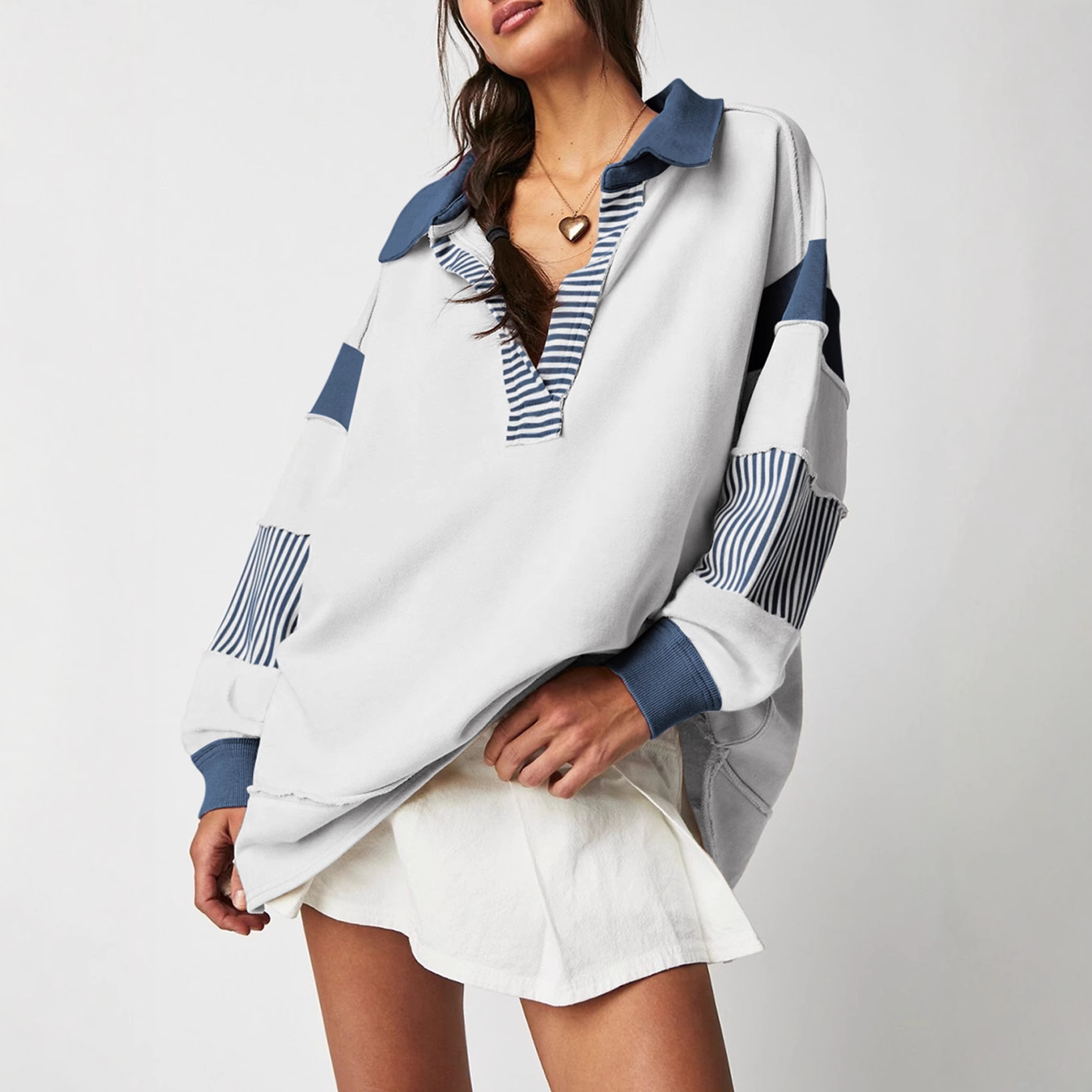 Deep V-Neck Striped Color-Block Long-Sleeve Loose Pullover Sweatshirt