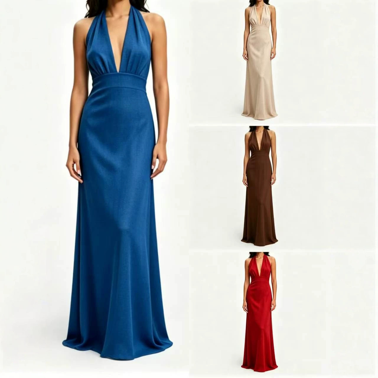 Elegant Solid V-Neck Halter Bodycon Maxi Dress