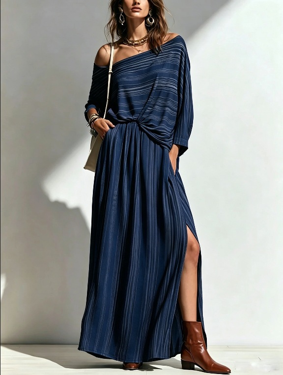 Striped Off-Shoulder Batwing Sleeve Top and High-Waist Long Skirt Set