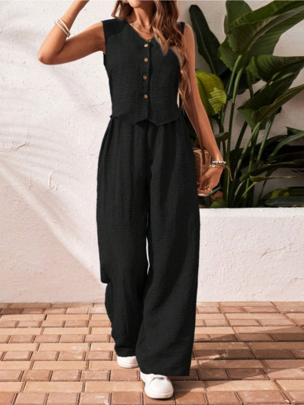 Linen-Blend Button-Front V-Neck Vest and Pants Set