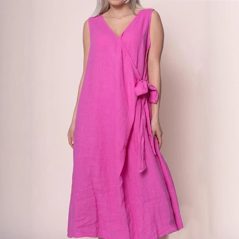 Women's Summer Loose Tie-Front Sleeveless Solid Cotton-Blend Dress