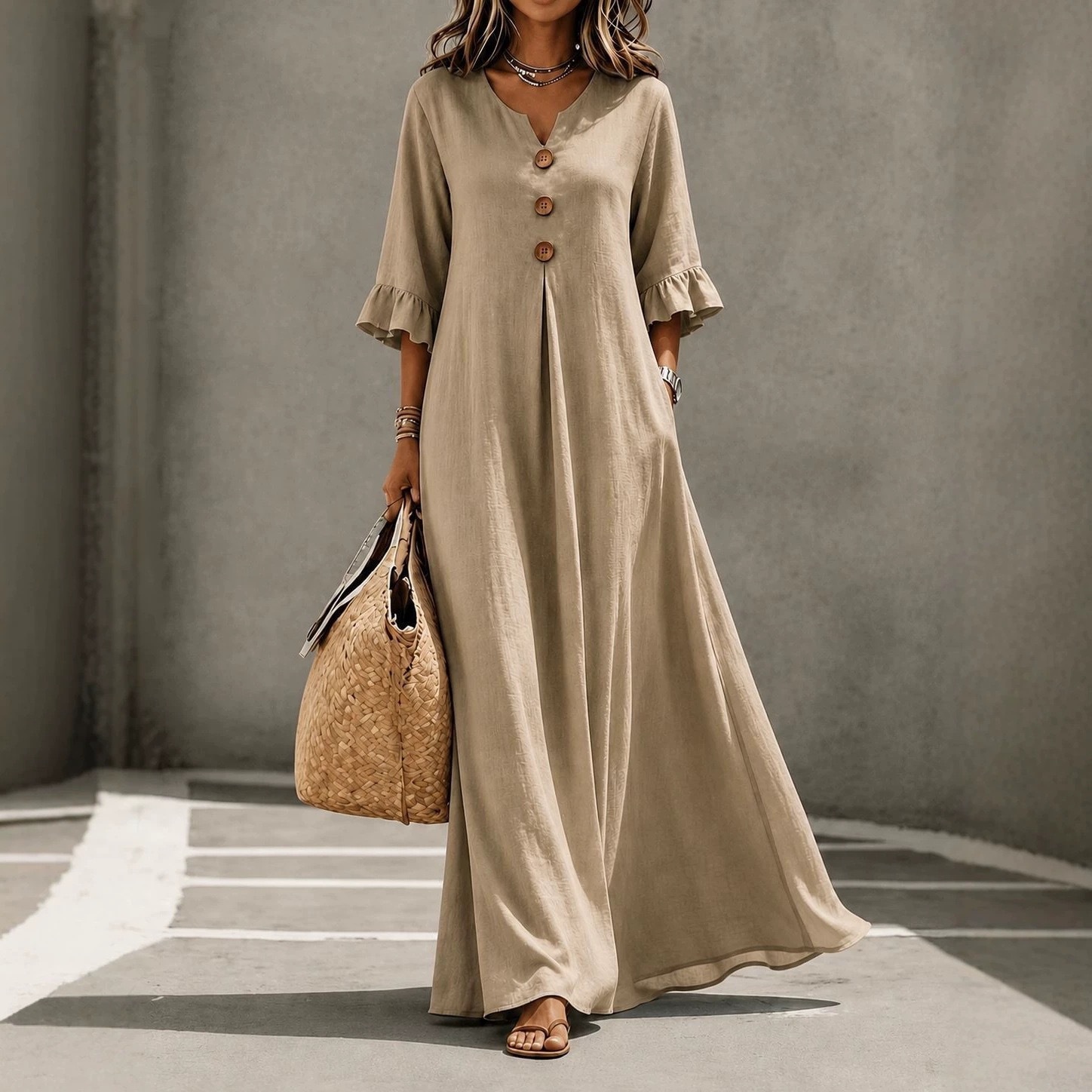 V-Neck Button Ruffle Sleeve Solid Loose Casual Dress