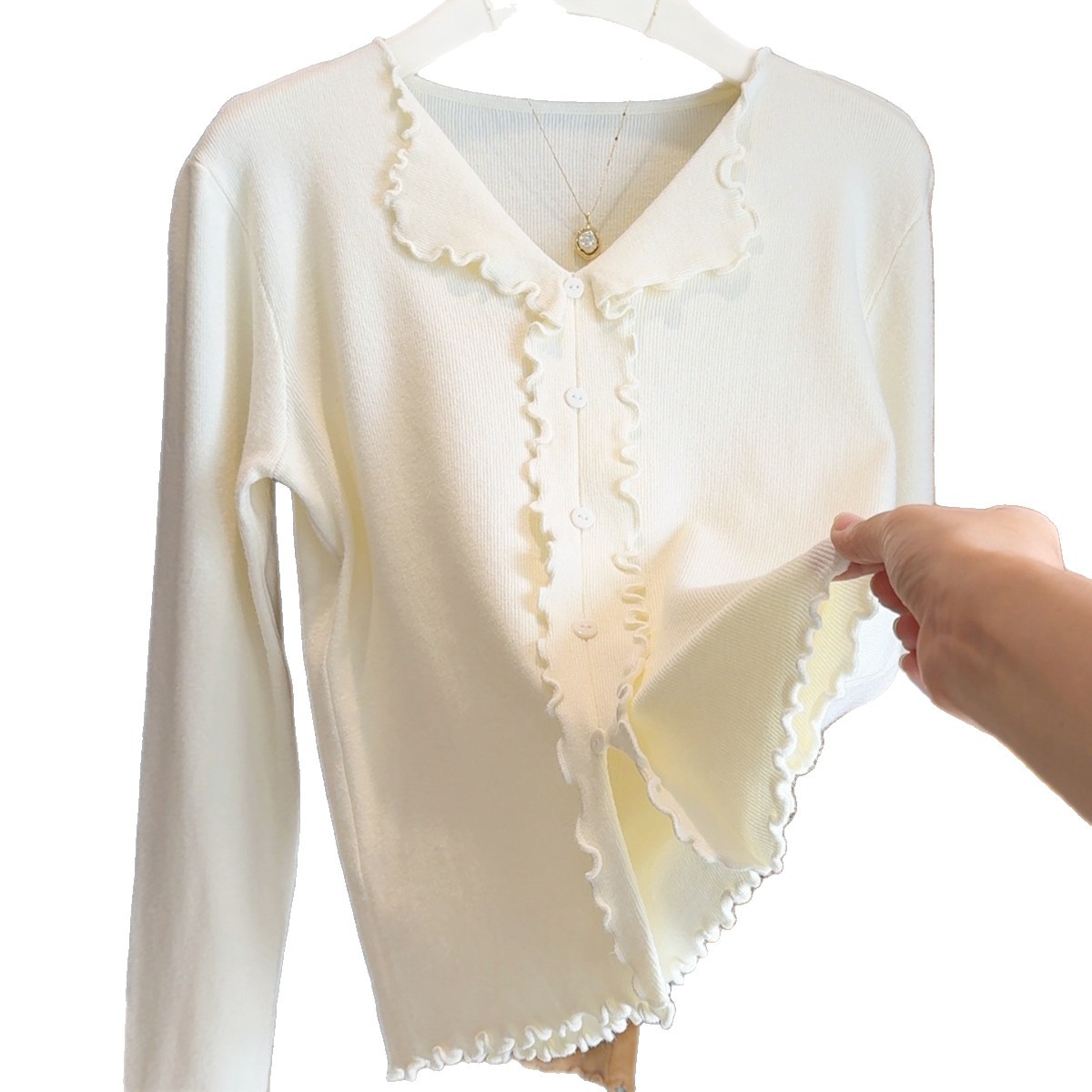 Slimming Knit Lace Cardigan with Doll Collar Long Sleeve
