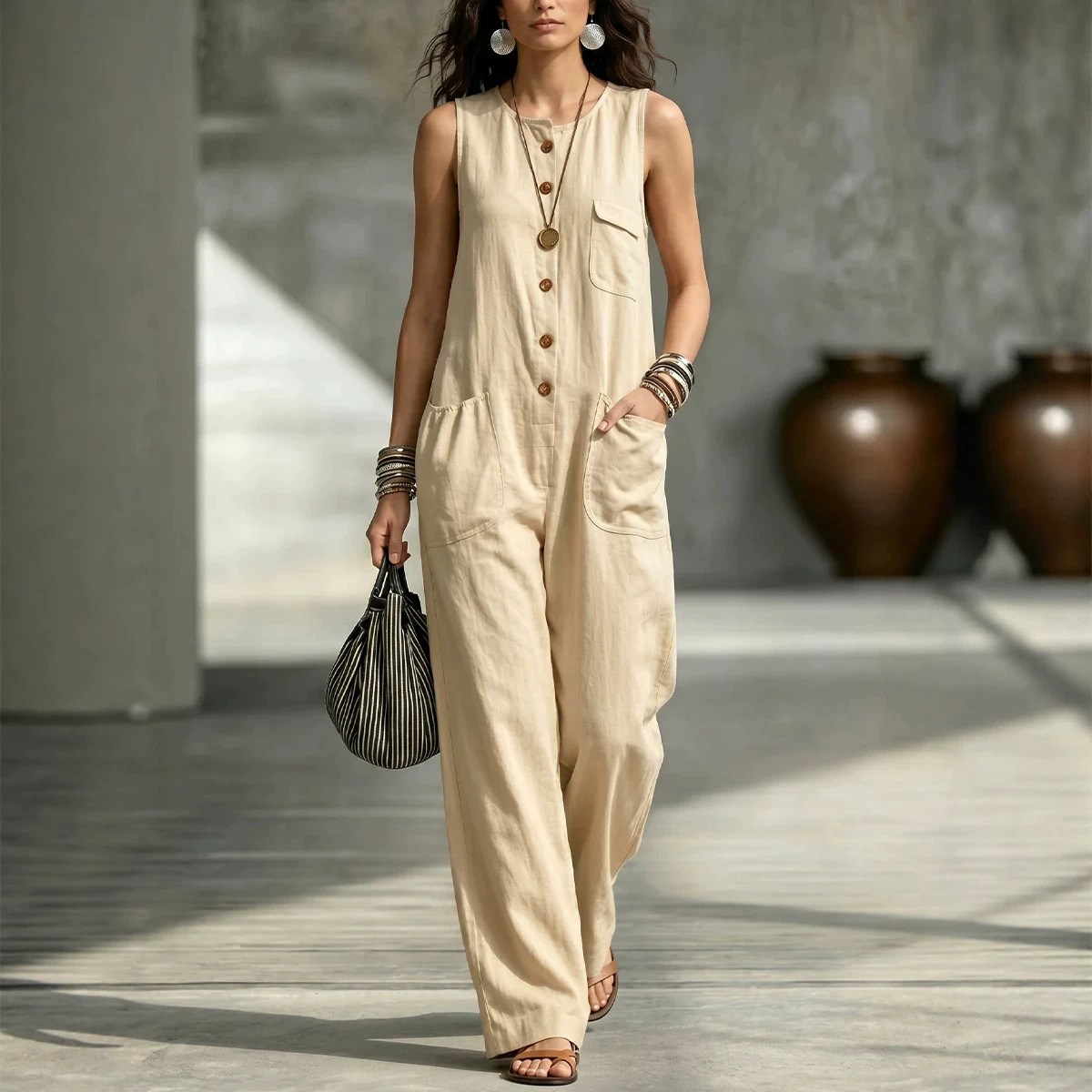 Sleeveless Wide-Leg Jumpsuit with Pockets Casual