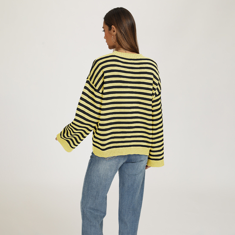 Striped Crewneck Pullover Sweater Loose Knit Top