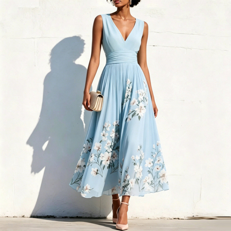 Floral Print Sleeveless V-Neck Pleated A-Line Maxi Dress
