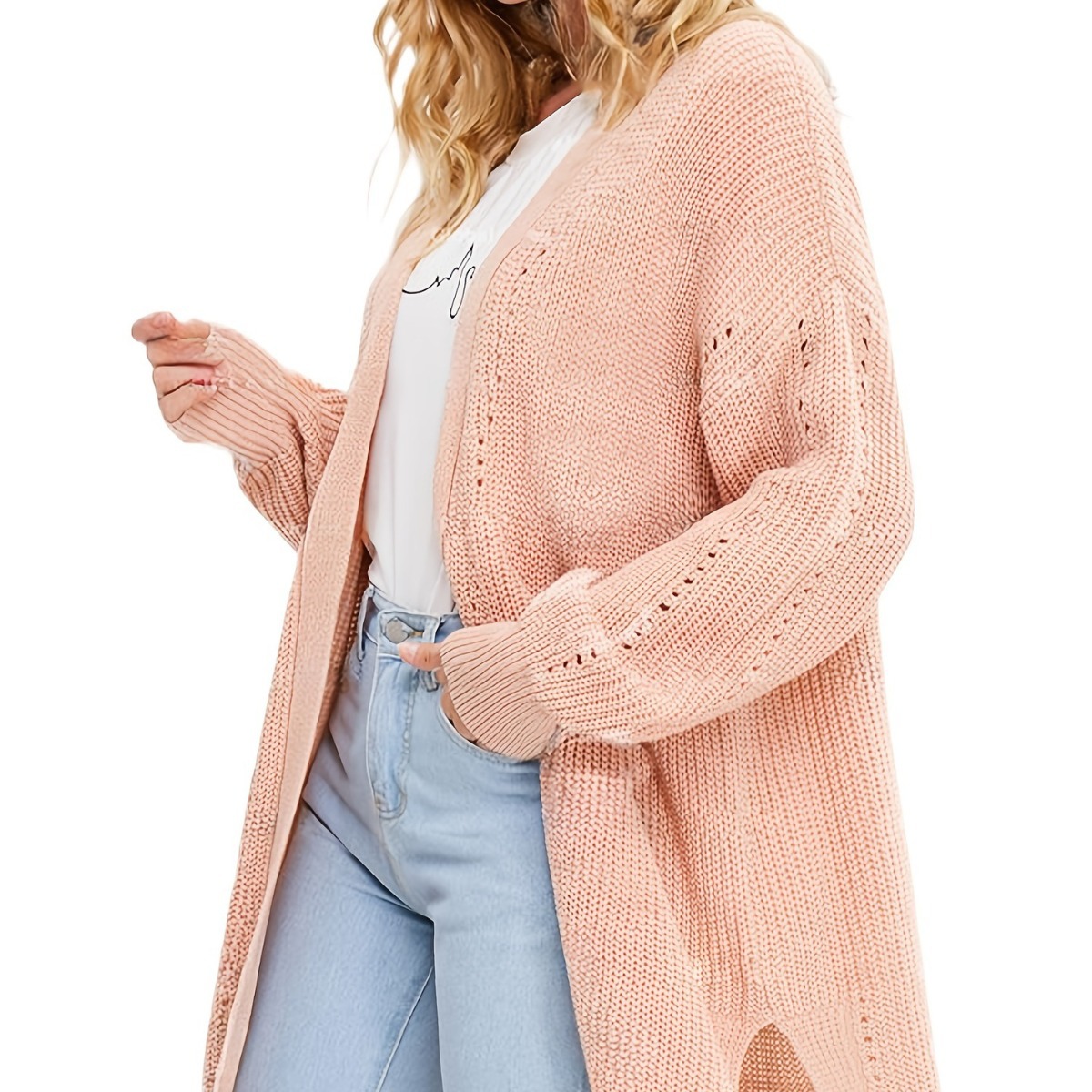 Women's Open Knit Cardigan Long Sleeve Loose Longline Solid Color
