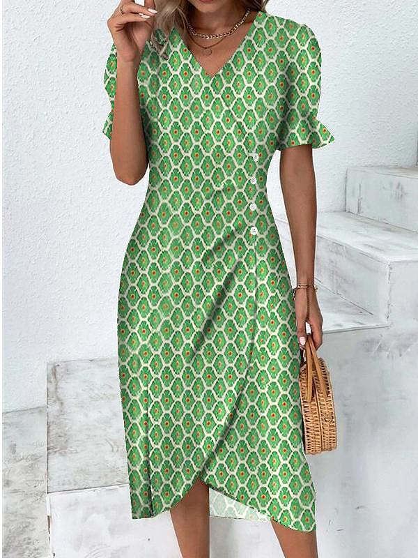 Geometric Patchwork Puff Sleeve Asymmetrical Hem Dress