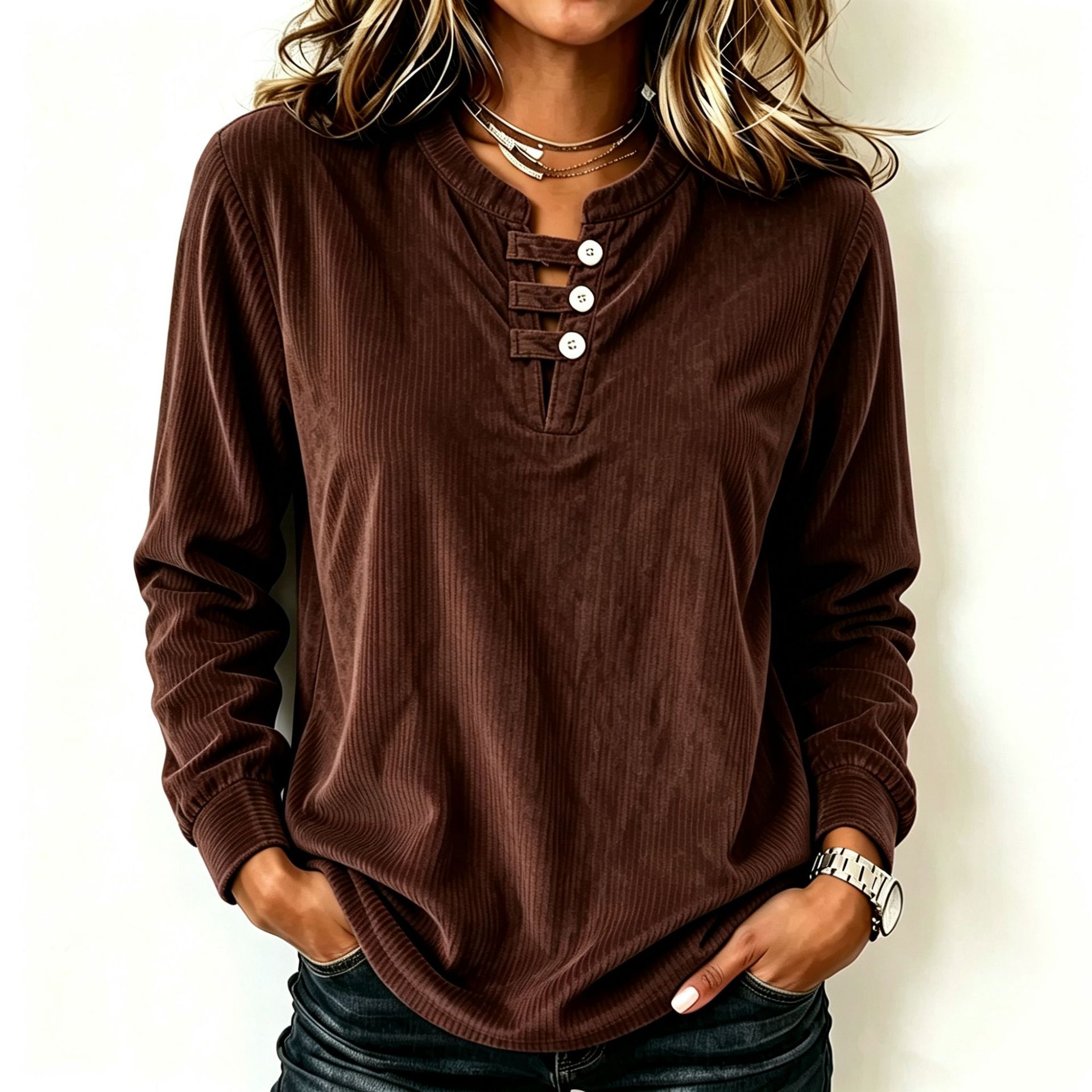 Corduroy Solid Color Loose V-Neck Button Top