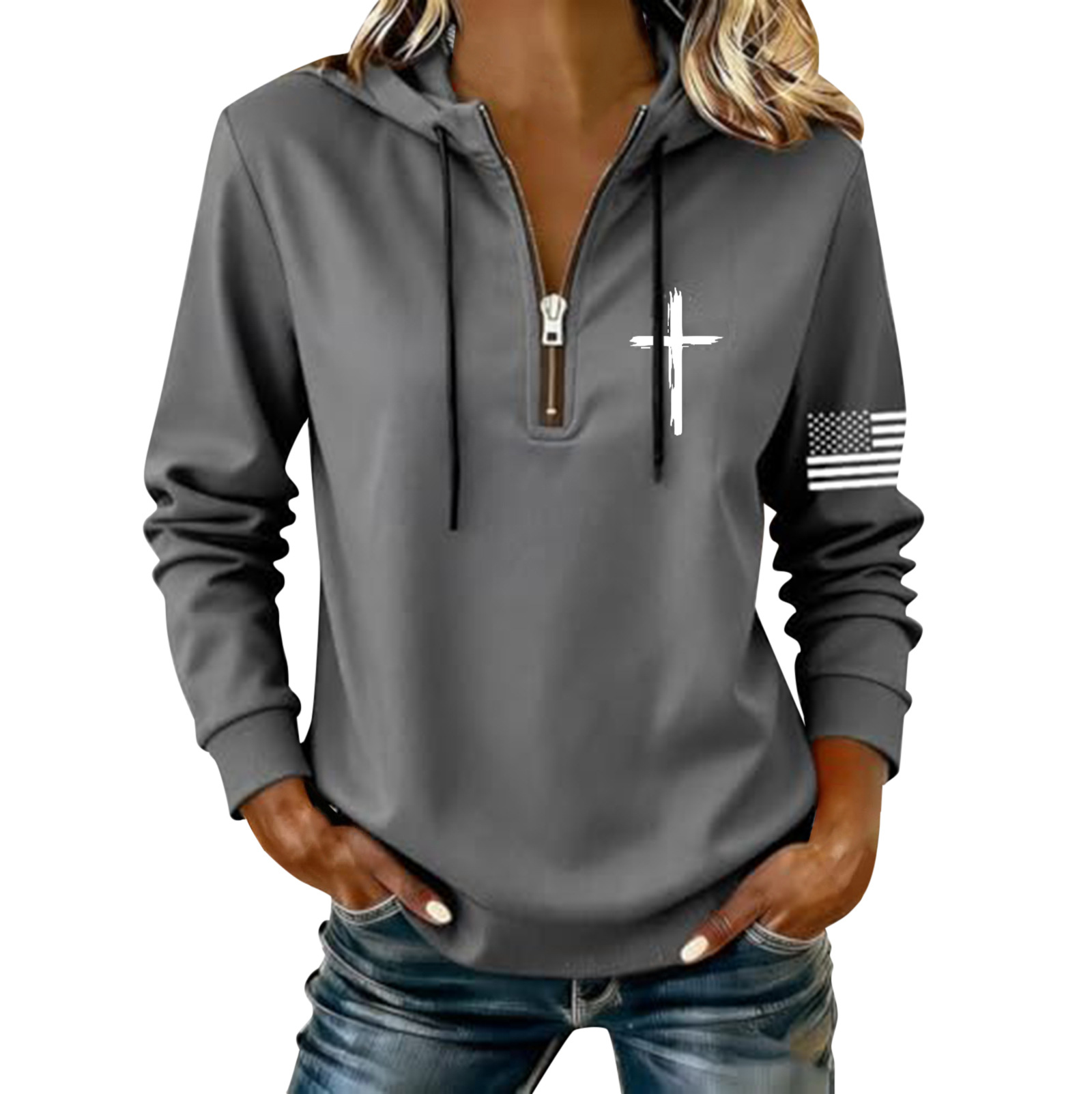 Women's Cross & American Flag Print Half-Zip Sweatshirt