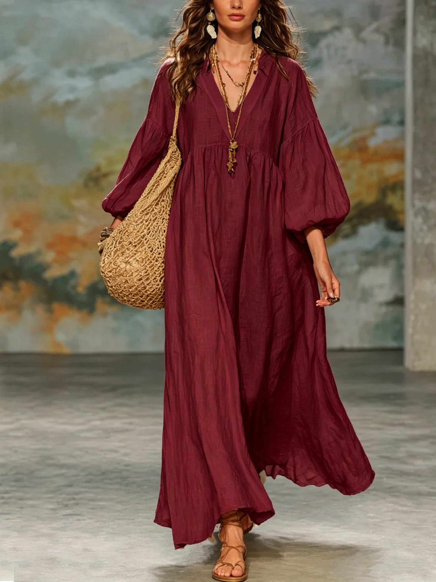 Boho Deep V Lantern Sleeve Maxi Dress