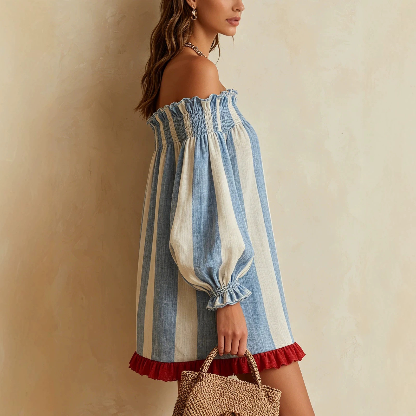 Blue & White Vertical Striped Off-Shoulder Puff-Sleeve Mini Dress with Contrast Ruffle Trim