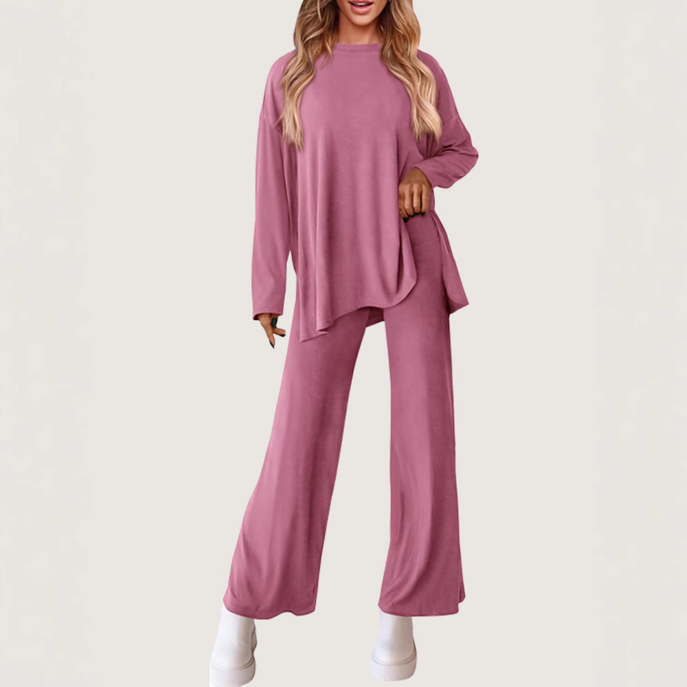Women's Solid Color Crewneck Long Sleeve Wide Leg Pants Lounge Set