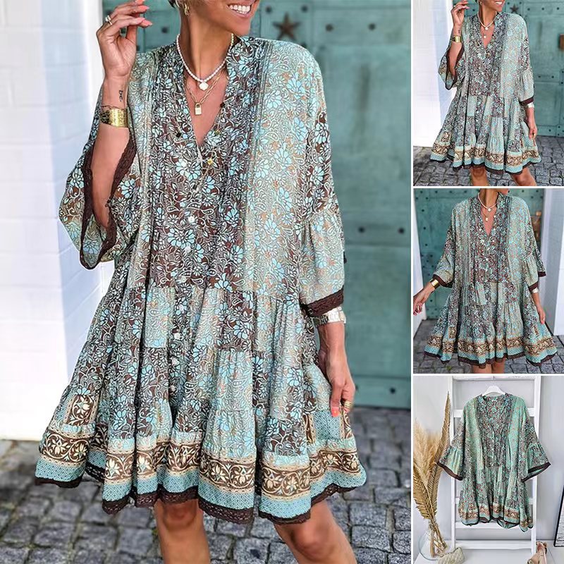 Women's Floral Print V-Neck Bell Sleeve Midi Dress