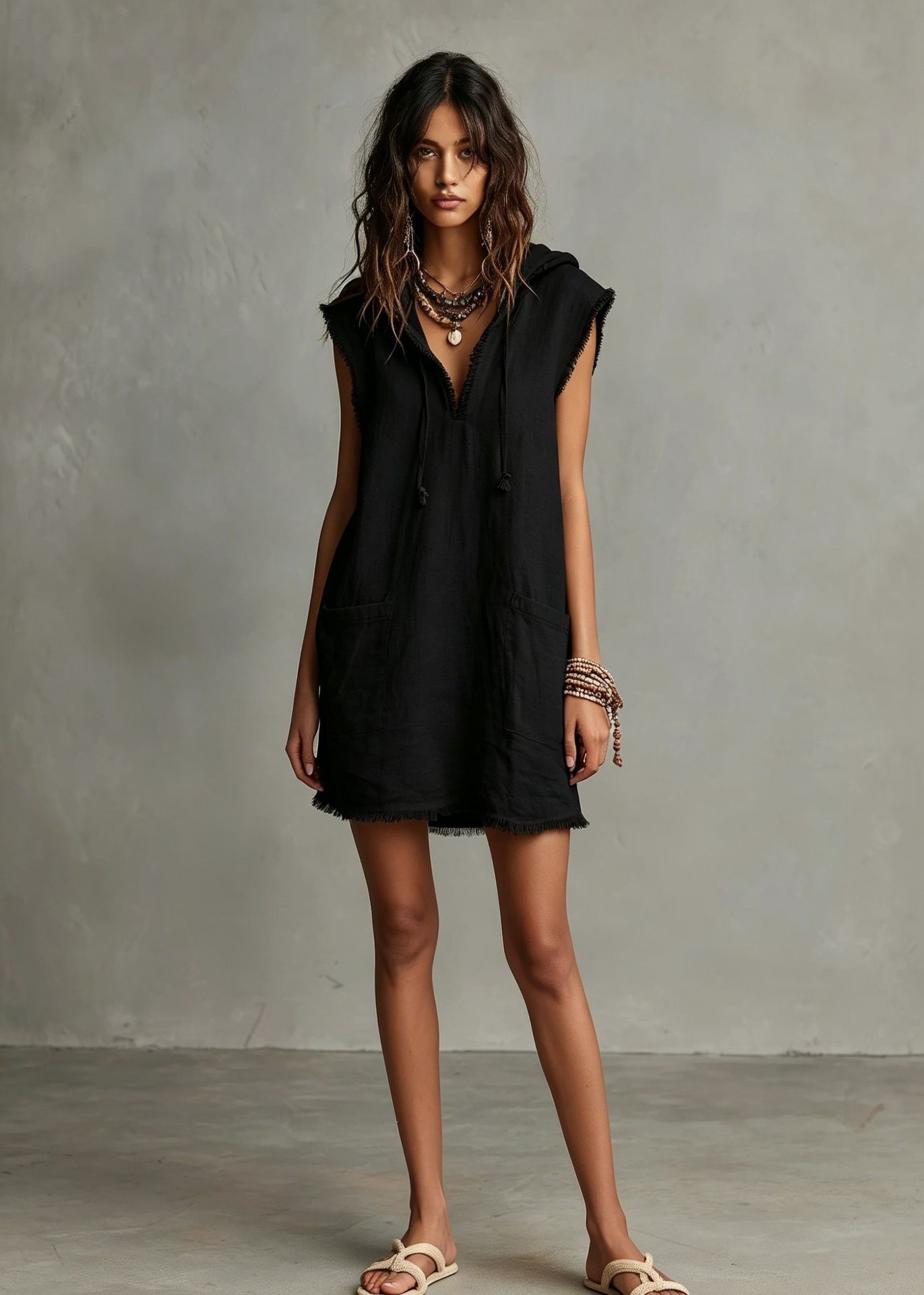 Women's V-Neck Linen-Blend Sleeveless Mini Dress with Hood and Raw Hem