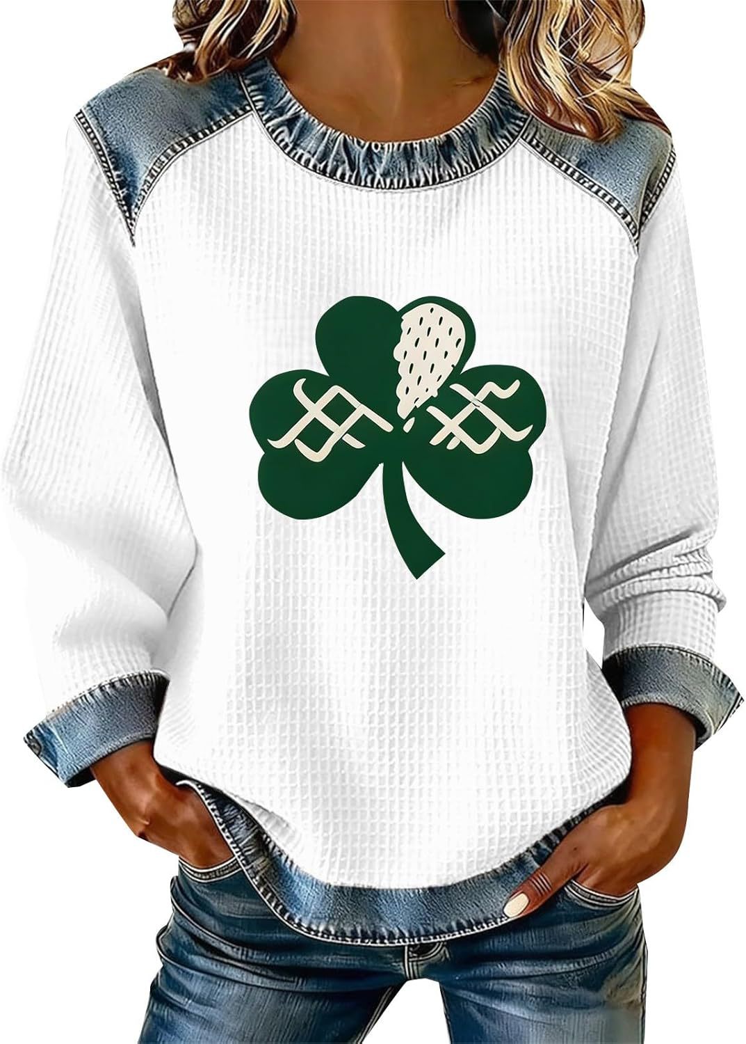 3D Print Denim Collar Waffle Knit Pullover Sweatshirt Women's Loose Fit