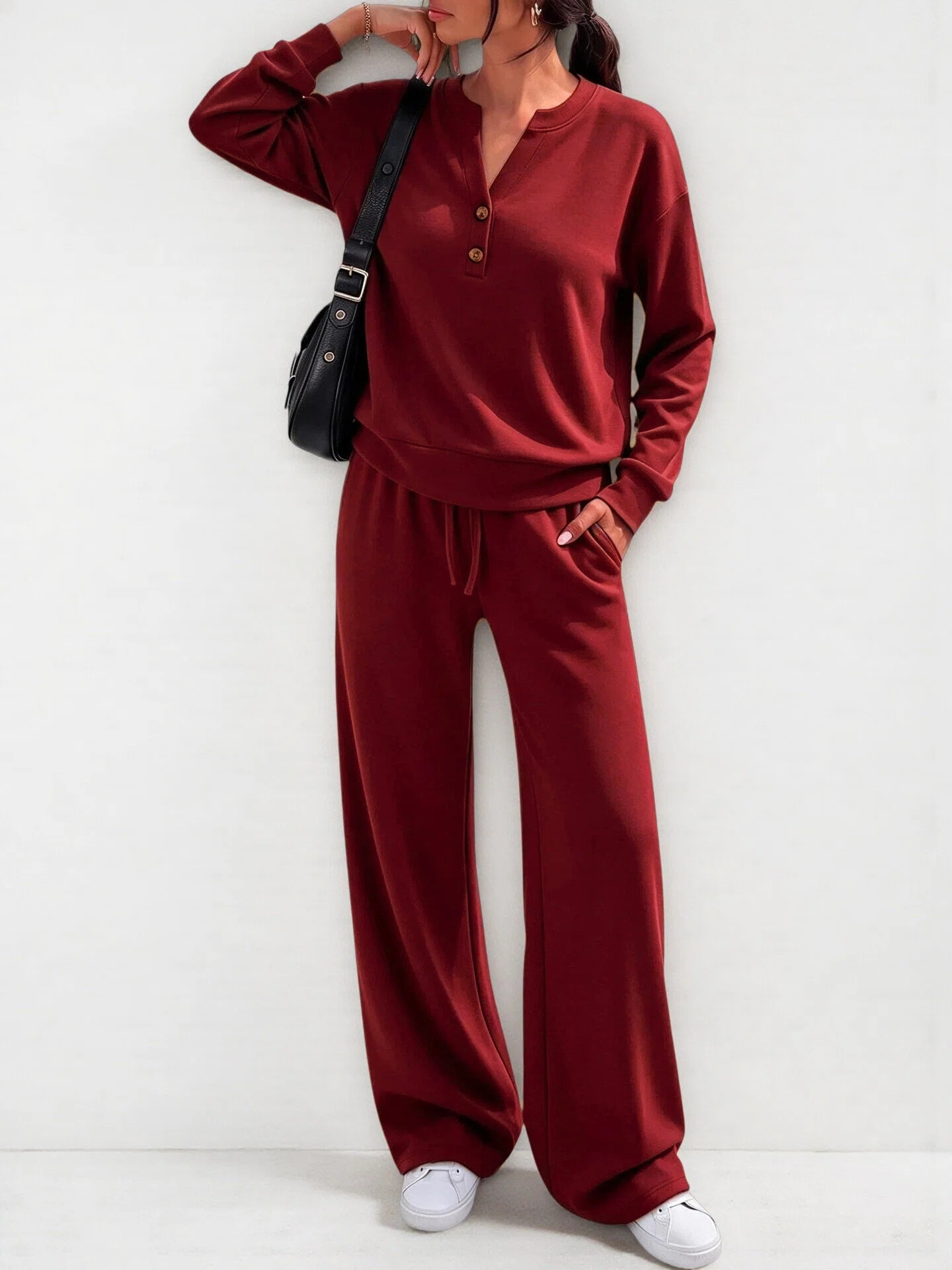 Women's Casual Two-Piece Set Long Sleeve Top & Wide-Leg Pants