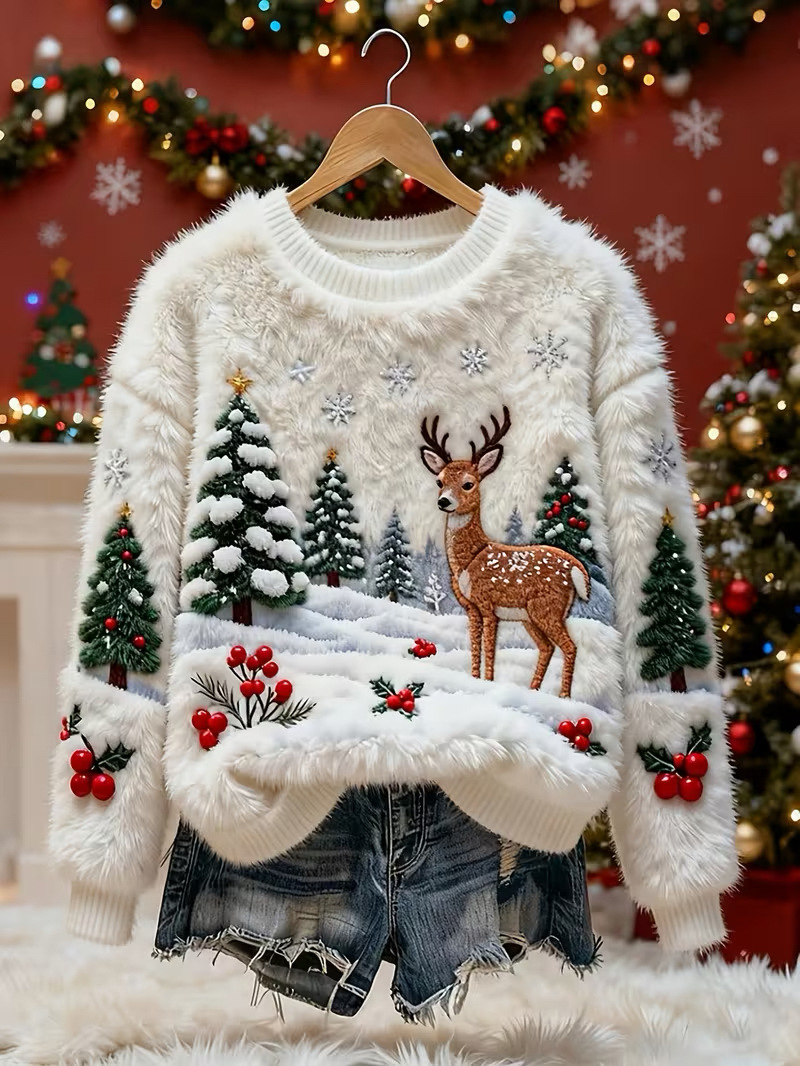 Christmas Reindeer Print Long-Sleeve Pullover Fleece Sweatshirt