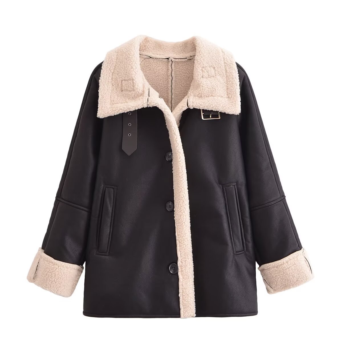 Faux Fur & Leather Panel Jacket, Streetwear Color-Block Coat