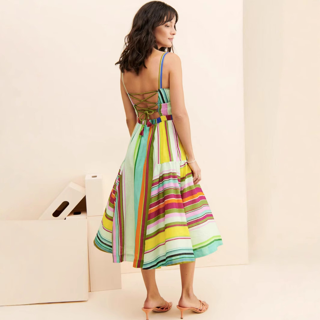 Colorful Striped Backless Tassel Tie Big Swing Cami Dress