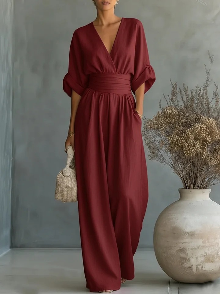 Elegant V-Neck Cinched Waist Wide-Leg Jumpsuit