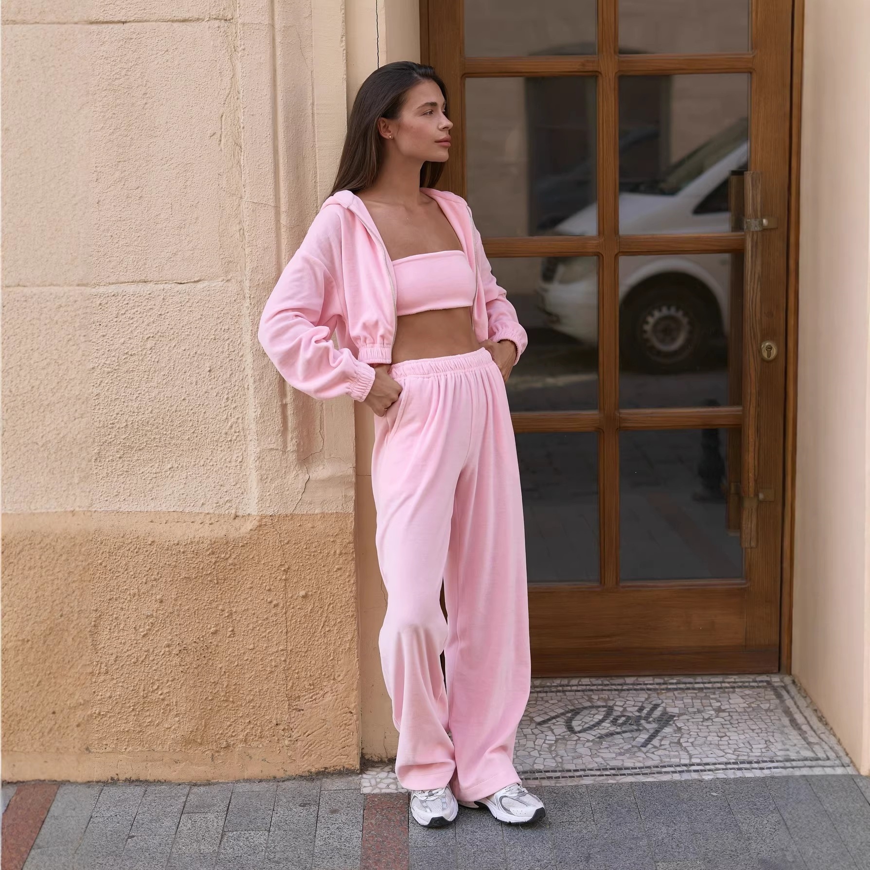 Women's Hooded Sweatshirt 3-Piece Set with Tube Top Zip Jacket and Wide-Leg Pants