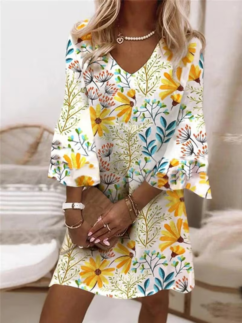Women's Floral Print Rolled Sleeve Midi Dress