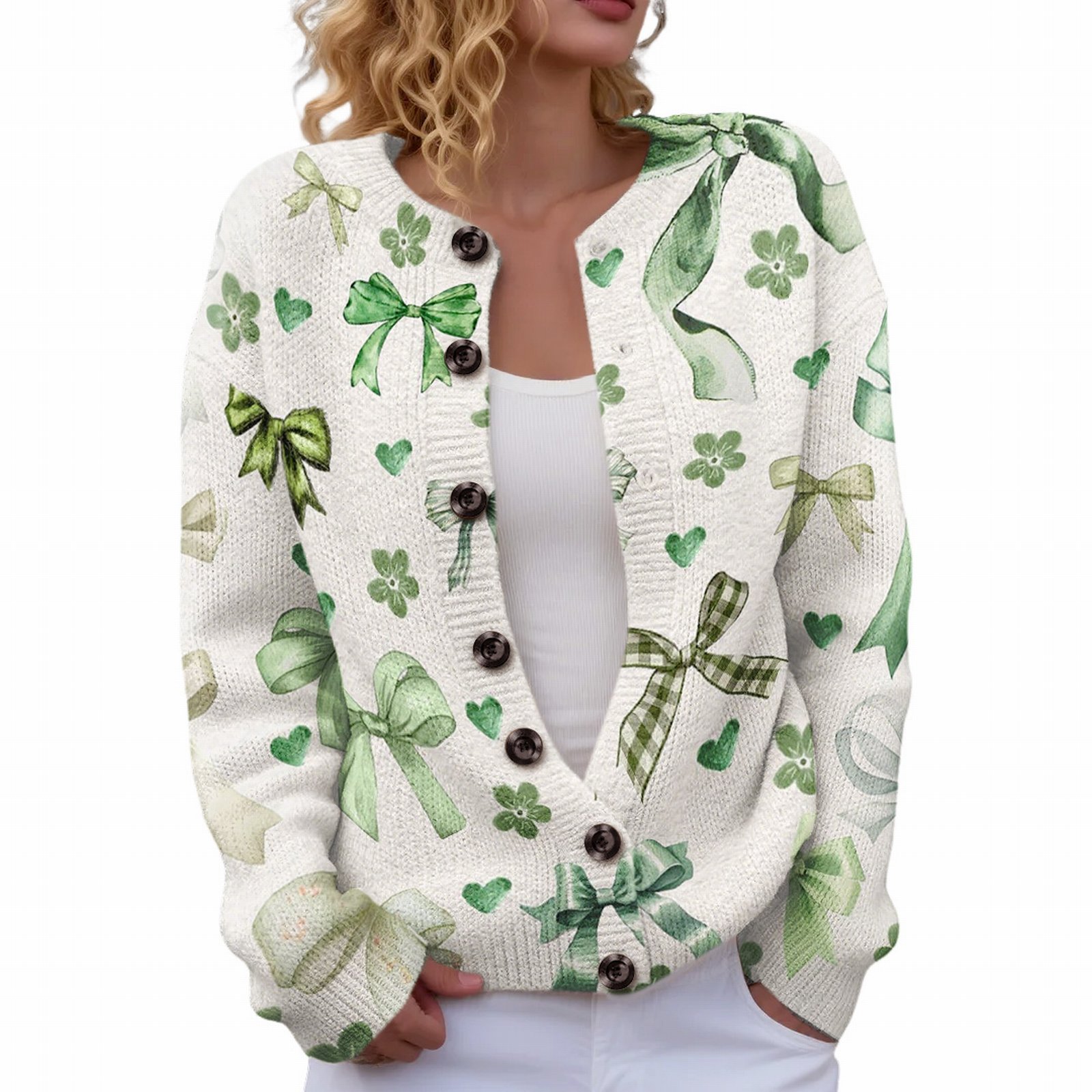 Women's Four-Leaf Clover Print Button Cardigan Sweater