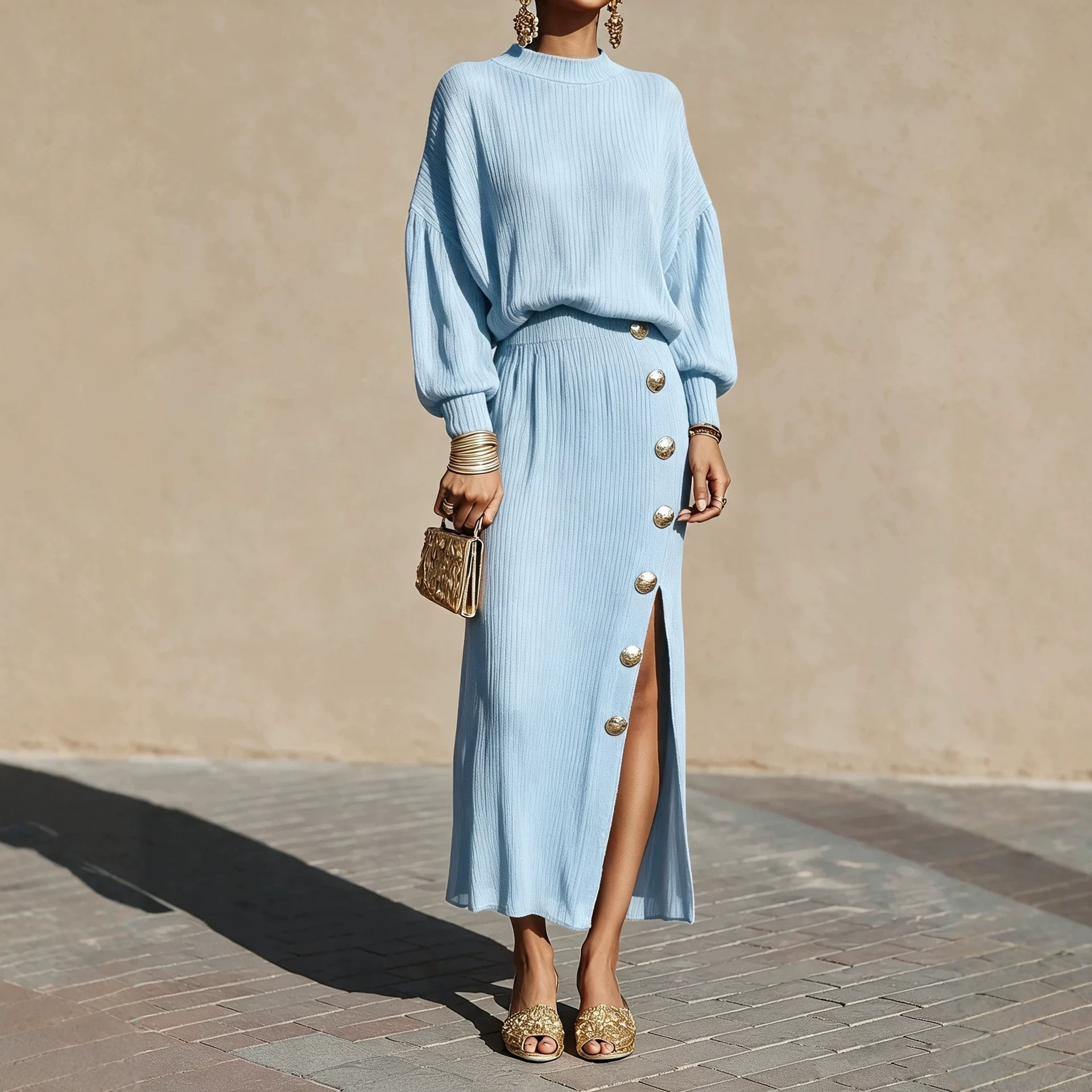 Women's Solid Pleated Knit Long-Sleeve Top and Button Slit Skirt Two-Piece Set