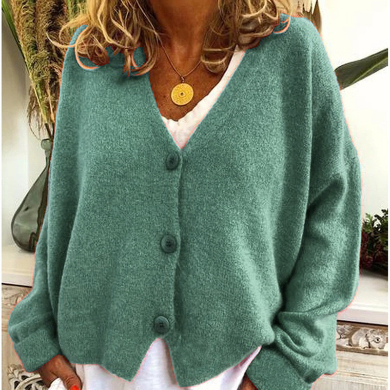 Women's Loose Knit Cardigan Sweater with V-Neck and Batwing Sleeves