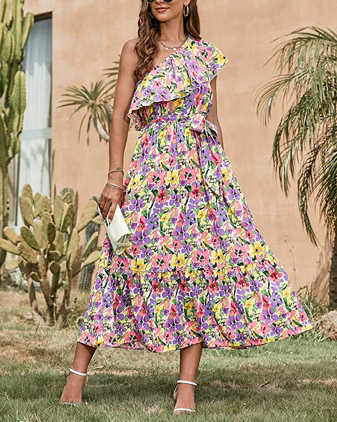 Women's One-Shoulder Sleeveless Boho Floral Print A-Line Maxi Dress