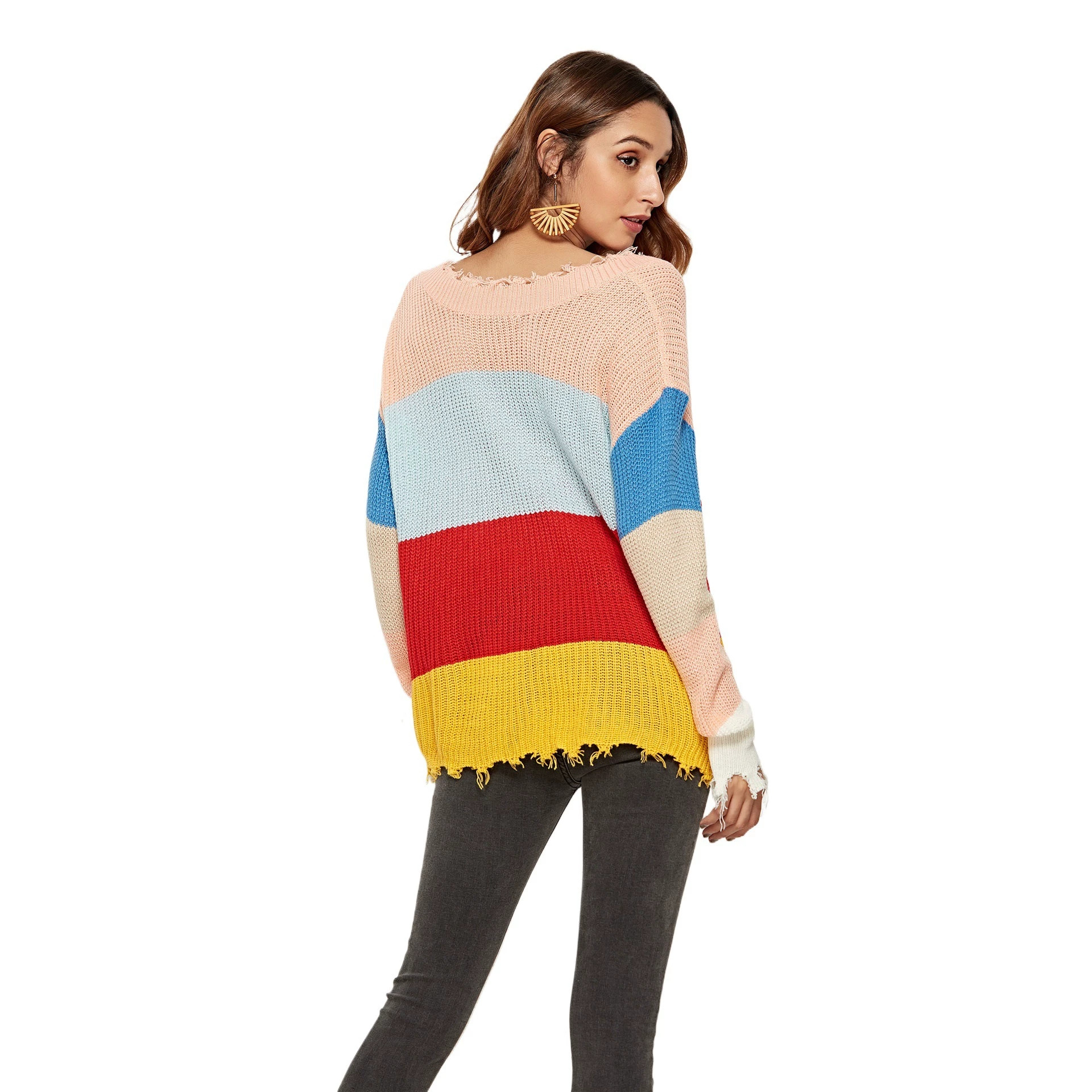 Distressed Patchwork V-Neck Knit Sweater