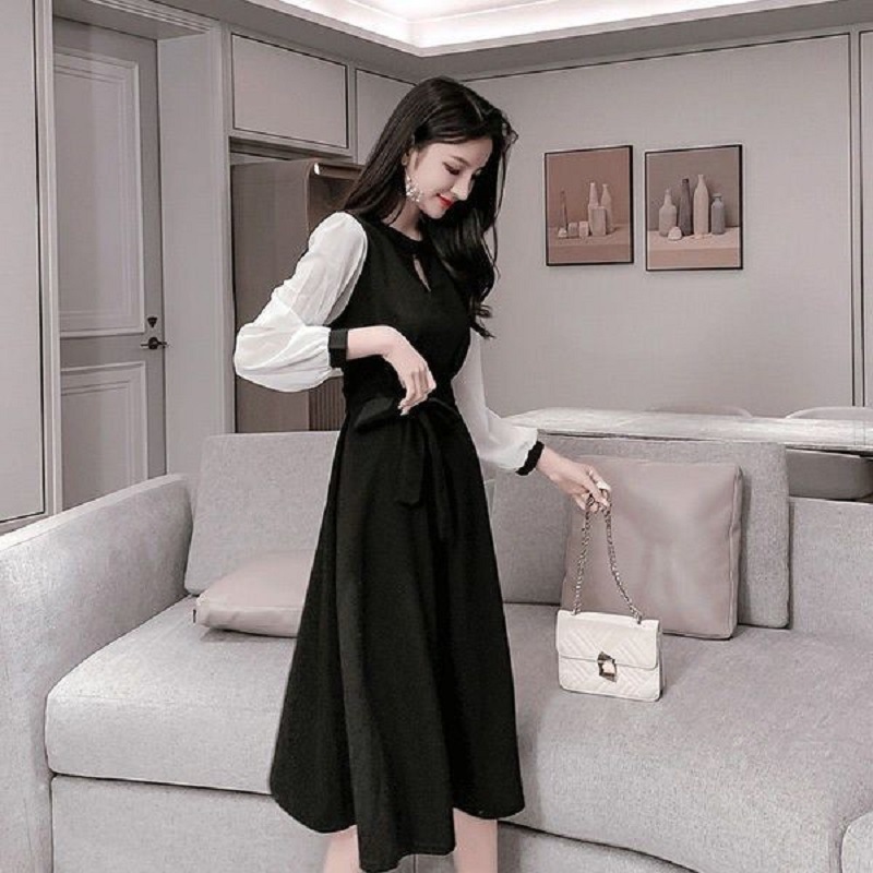 Women's Long Sleeve Little Black Dress A-Line Midi