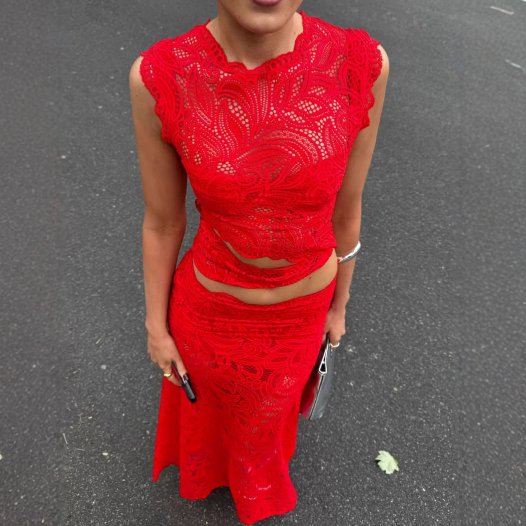 Red Sleeveless Lace Crop Top and Mermaid Skirt Set