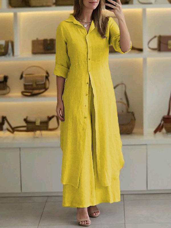 Urban Elegant Cotton-Linen Slim Waist Long Shirt & Wide-Leg Pants Set
