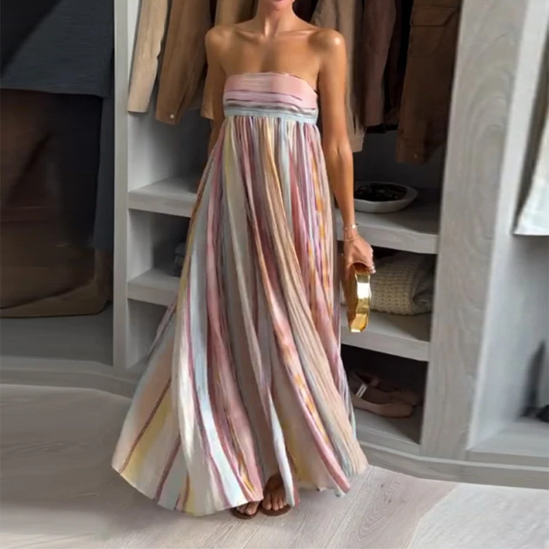 Elegant Colorblock Strapless Backless Long Dress