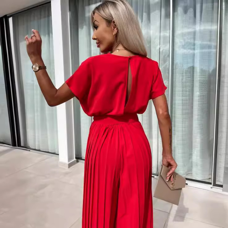Women's Loose Wide-Leg Pleated Jumpsuit with Belt Solid Color
