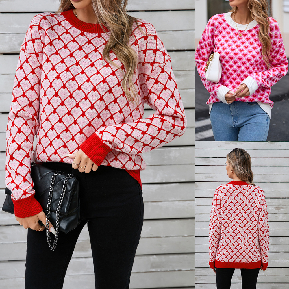 Women's Heart Jacquard Crewneck Pullover Sweater