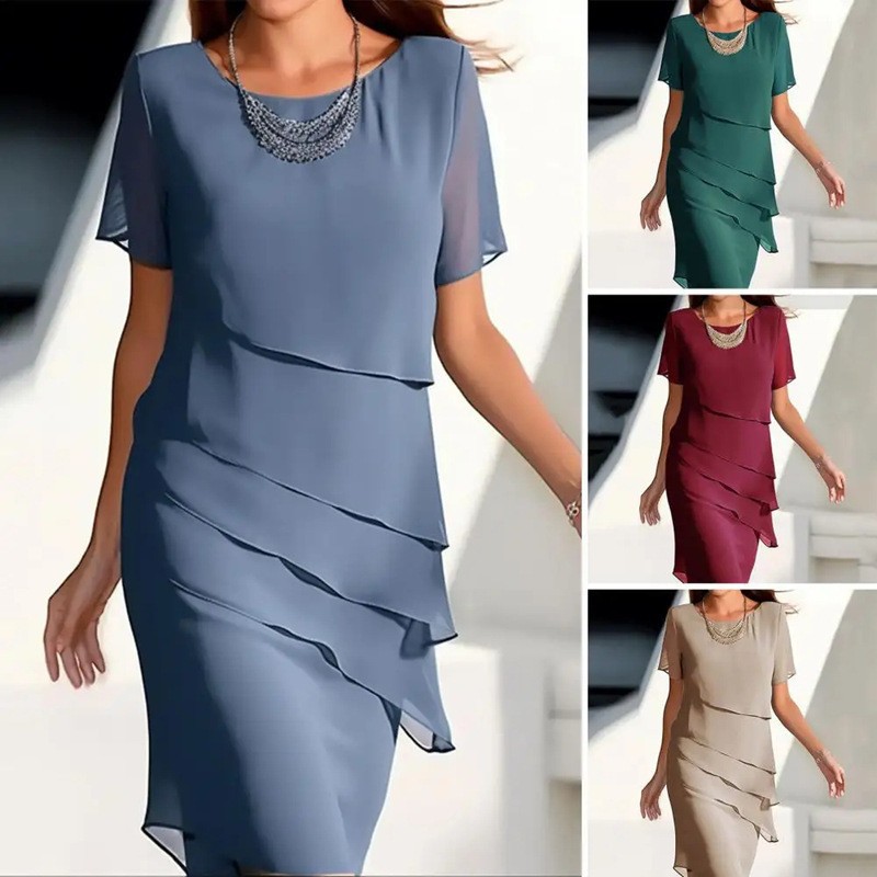 Summer Slim-Fit Chiffon Dress with Round Neck and Short Sleeves