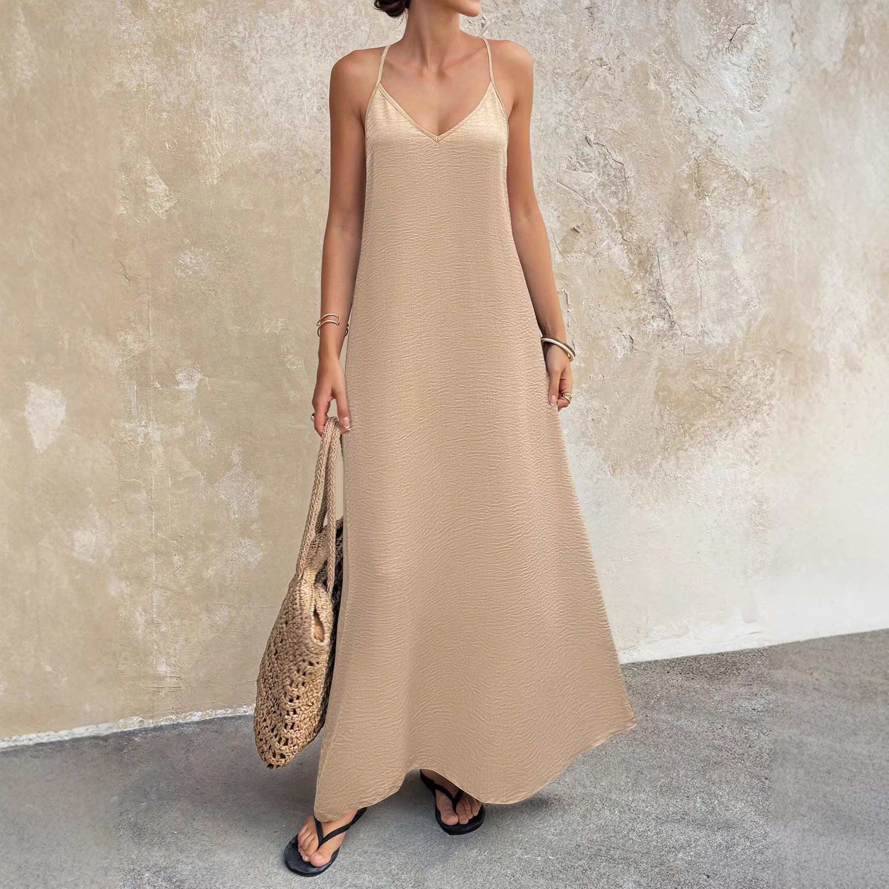 Women's Solid V-Neck Open-Back Sleeveless Cami Dress